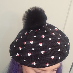 Black Minnie Mouse Beret with Pom Pom and Polka Dots